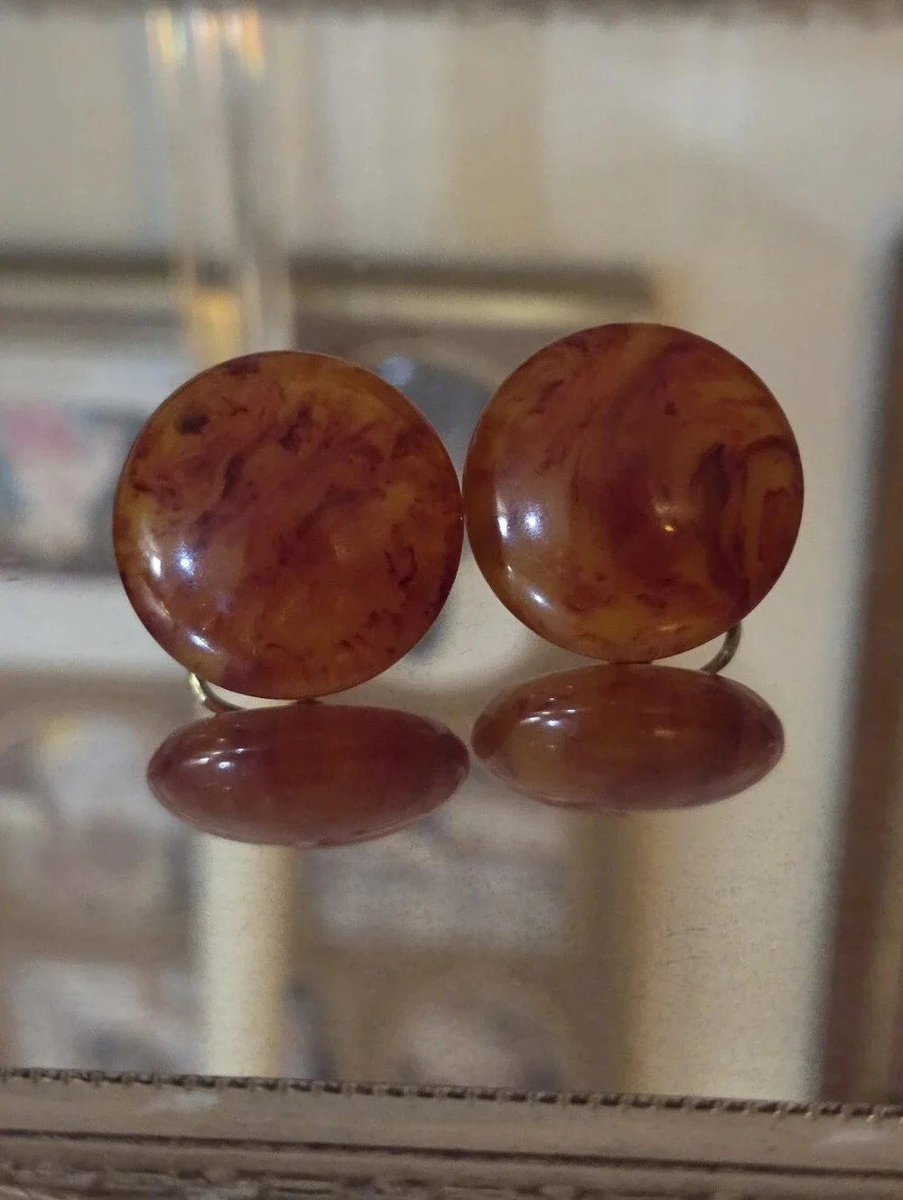 Vintage Root Beer Swirl Bakelite Clip On Earrings